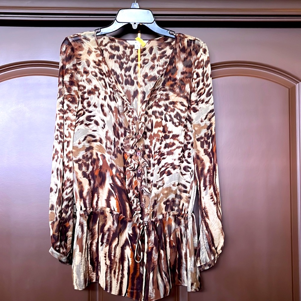 CAbi 806 Silk Crêpe Animal Print Drop Peplum Tunic
